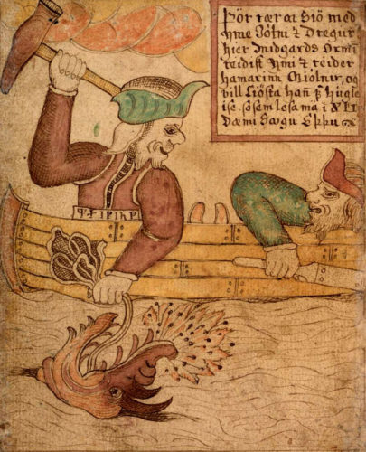 Thor og Hymer på fisketur. Fra Islandsk håndskrift fra 1700-årene med Snorres Yngre Edda. Kilde: wikipedia 
