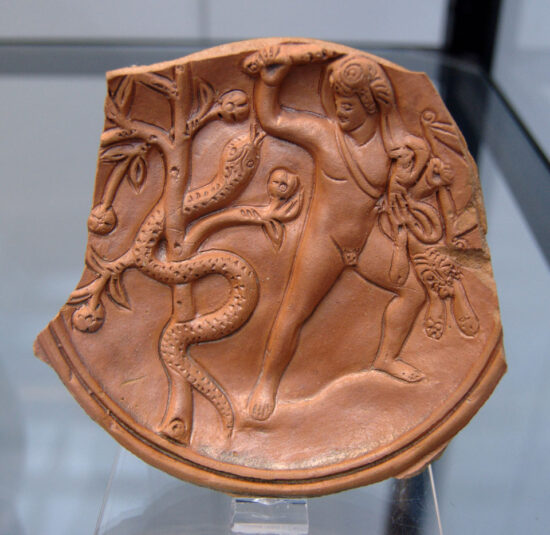 Herakles kæmper med Ladon. Lertavle fra Staatliche AntikenSammlungen. Source: Wikipedia