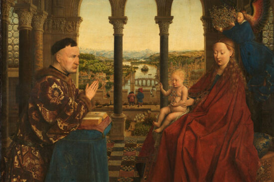 Jan van Eyck. Madonna og den bedende Rolin, Burgund, c. 1435. Louvre. Kilde: Wikipedia