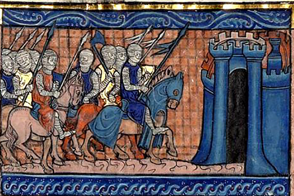 middelalderlige krigere foran en borg. KIlde: Grandes Chroniques de France, Paris. Bibliothèque Sainte-Geneviève, Ms.782, fol.187